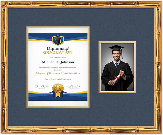 Diploma Frame With Photo Opening Gold Bamboo Navy Blue Over Gold Mat - Fits 8.5 x 11 Degree and Picture Made in the USA