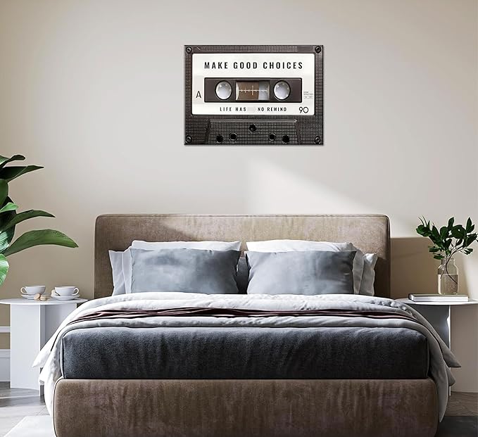 Inspirational Office Canvas Wall Art Picture Vintage Cassett Tape Prints Make Good Choices Life Has No Rewind Inspiring Artwork Motivational Wall Decor for Office Bedroom Living Room 24x36in Framed