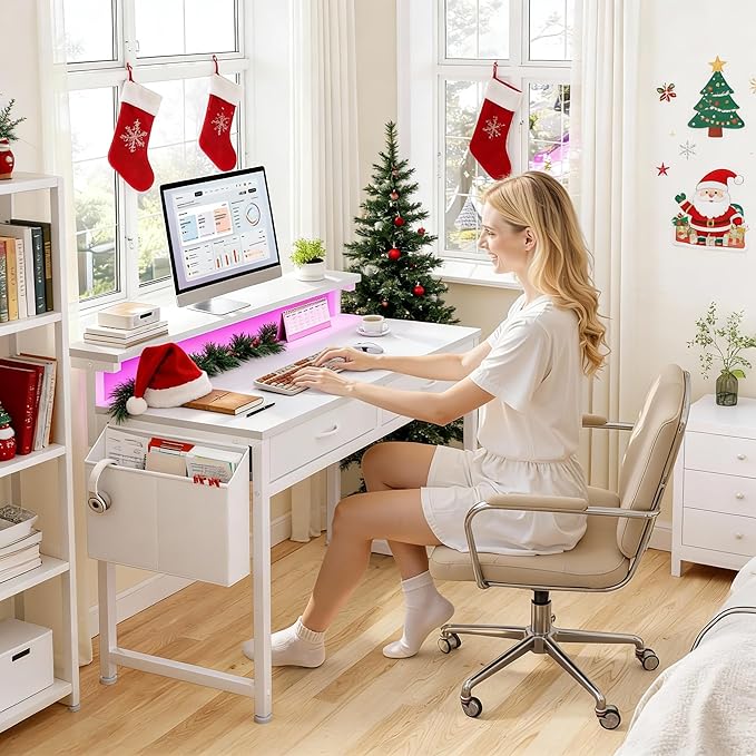 Computer Desk with 2 Drawers & LED Lights,31.5 Inch Home Office Desks with Side Pocket and Monitor Stand,Study Writing Table for Small Spaces,White