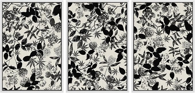 SIGNWIN Framed Canvas Print Wall Art Set Black and White Botanical Collage Monochrome Floral and Leaf Illustrations Modern Art Decorative Abstract for Living Room, Bedroom, Office - 24"x36"x3 White