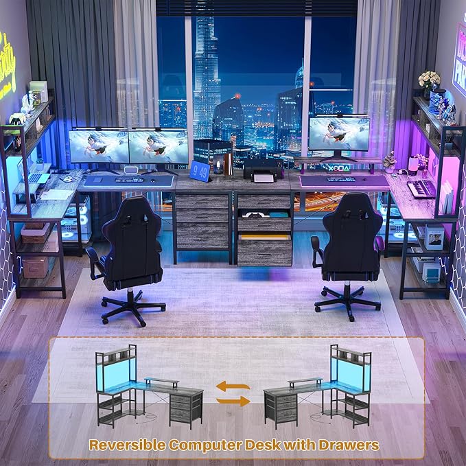 Aheaplus L Shaped Desk with Hutch, Gaming Desk with Led Lights, Reversible Computer Desk with Power Outlet, Corner Desk with File Drawer & Monitor Stand, Storage Shelves for Home Office, Black Oak