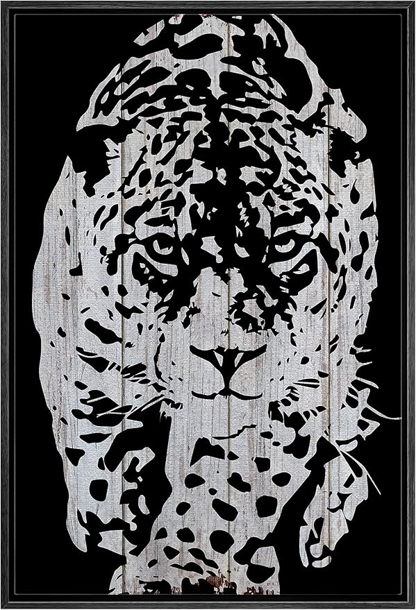 IDEA4WALL Framed Canvas Print Wall Art Grayscale Spotted Leopard Stalking on Wood Panels Animals WildLife Illustrations Modern Art Tropical Portrait for Living Room, Bedroom, Office - 24"x36" BLACK