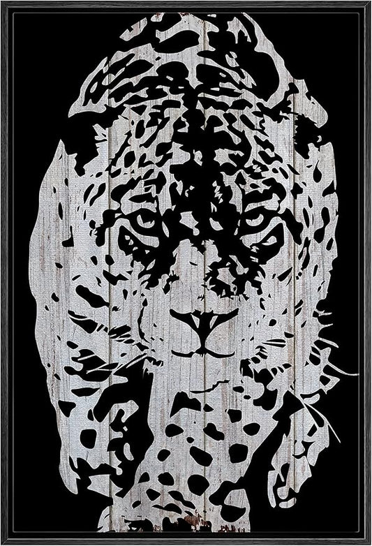 IDEA4WALL Framed Canvas Print Wall Art Grayscale Spotted Leopard Stalking on Wood Panels Animals WildLife Illustrations Modern Art Tropical Portrait for Living Room, Bedroom, Office - 24"x36" BLACK