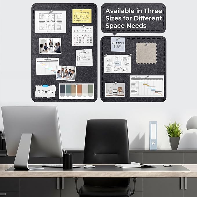 3 Pack Large Felt Bulletin Boards 24"/16"/7"x 16" Foldable Picture Vision Board for Office Wall Frameless Cork Board with 60 Push Pin for Home, Kitchen, Wall Pin Boards(Grey)