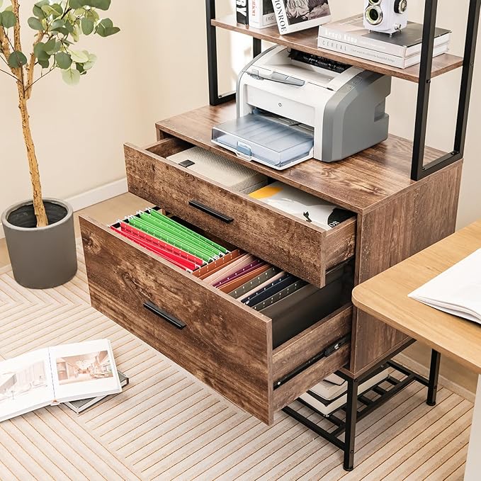 Giantex Tall 2-Drawer File Cabinet - Filing Cabinet w/Charging Station, 3-Tier Storage Shelves, Large Drawer, Hanging File Folders, Fits Letter A4 Legal Size, Printer Stand for Home Office (Brown)