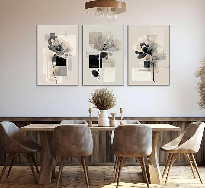 3Pcs Modern Abstract Floral Canvas Wall Art Minimalist Neutral Beige And Black Flower Botanical Painting Picture Wall Decor Poster Print Artwork for Living Room Bedroom Home Decoration