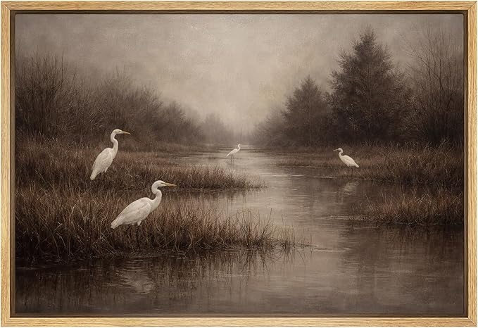 SIGNFORD Framed Canvas Print Wall Art Heron Shadow in Misty Marsh Illustration Minimalism Decorative Colorful Mid-Century for Living Room, Bedroom, Office - 16"x24" NATURAL
