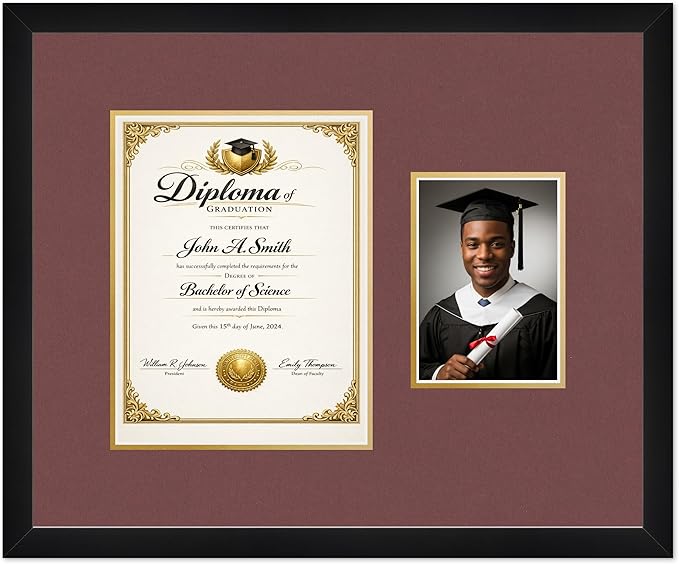 CountryArtHouse Fits 8.5 x 11 Certificate (Portrait) and 5 x 7 Photo Diploma and Photo Frame Matte Black Genuine Hardwood with Dark Red Over Metallic Gold Double mat