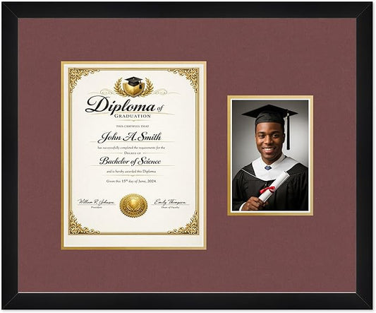 CountryArtHouse Fits 8.5 x 11 Certificate (Portrait) and 5 x 7 Photo Diploma and Photo Frame Matte Black Genuine Hardwood with Dark Red Over Metallic Gold Double mat