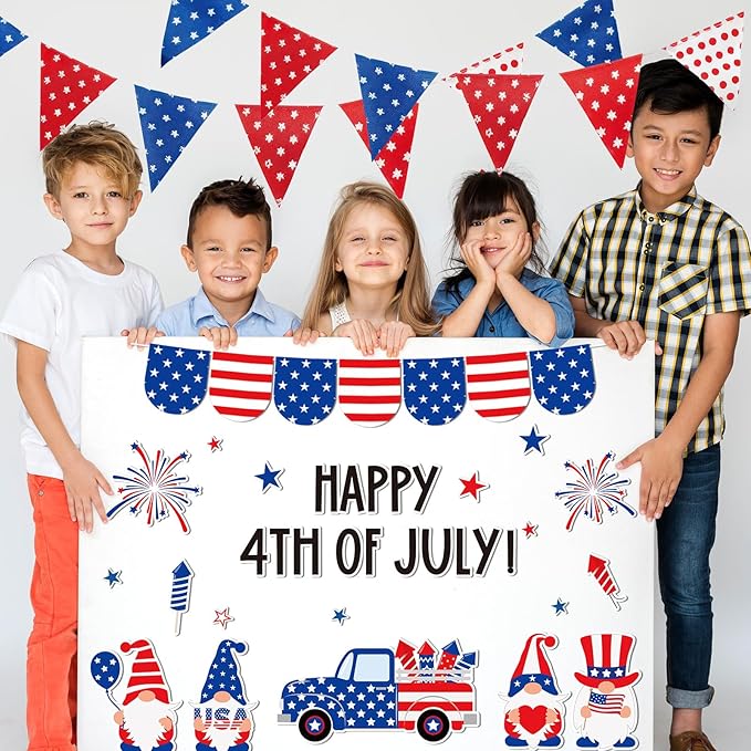 AnyDesign 4th of July Bulletin Board Decoration Red Blue Patriotic Gnome Truck Paper Cutouts with 150 Pcs Glue Points for Happy Independence Day Party Classroom Wall Decor, 72 Pcs