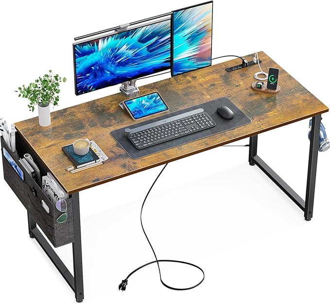 KKL Small Desk with Power Outlets and USB Port Computer Desk for Home Office Gaming Simple Modern Style Writing Desks with Storage Bag Headphone Hook, 48 inch, Rustic Brown