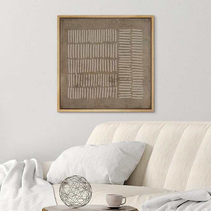 SIGNWIN Framed Canvas Print Wall Art Brown White Grunge Geometric Lines Abstract Shapes Illustration Modern Art Decorative Boho Relax/Zen Nordic for Living Room, Bedroom, Office - 16"x16" Natural