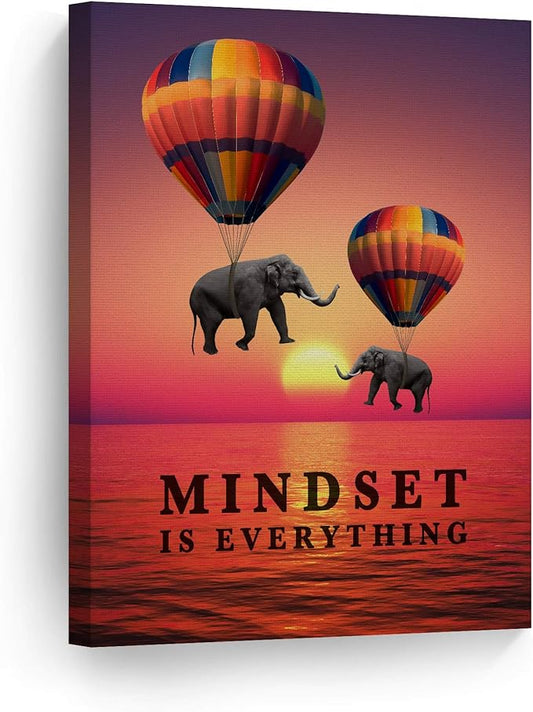 Smile Art Design Mindset is Everything Elephant with Balloon Sunset View Motivational Wall Art Canvas Print Inspirational Entrepreneur Quote Modern Office Decor Artwork Gift Ready to Hang 36x24