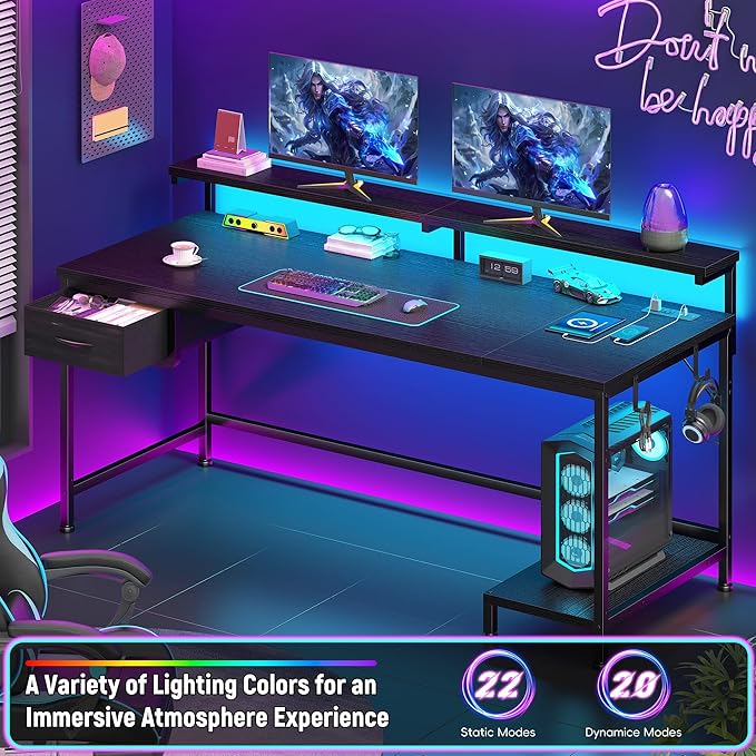 47.2" Gaming Desk with Power Outlet and LED Lights,Computer Desk with Adjustable Monitor Stand and Drawer,Office Desk with CPU Stand for Home Work,Study and Gaming, Small Spaces,Black