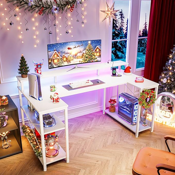 ODK 48 Inch Gaming Desk with LED Lights and Power Outlet, U-Shaped Computer Desk with Monitor Stand and Storage Shelves, PC Gamer Table for Home Office, Carbon Fiber White