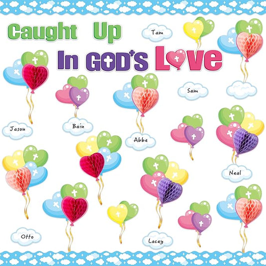 BeYumi 84Pcs Valentine's day Caught Up In God’s Love Christian Bulletin Board Set Heart Balloon Cross Honeycomb Name Tag Trim Border February Faith Religious Sunday School Chalkboard Church Decoration