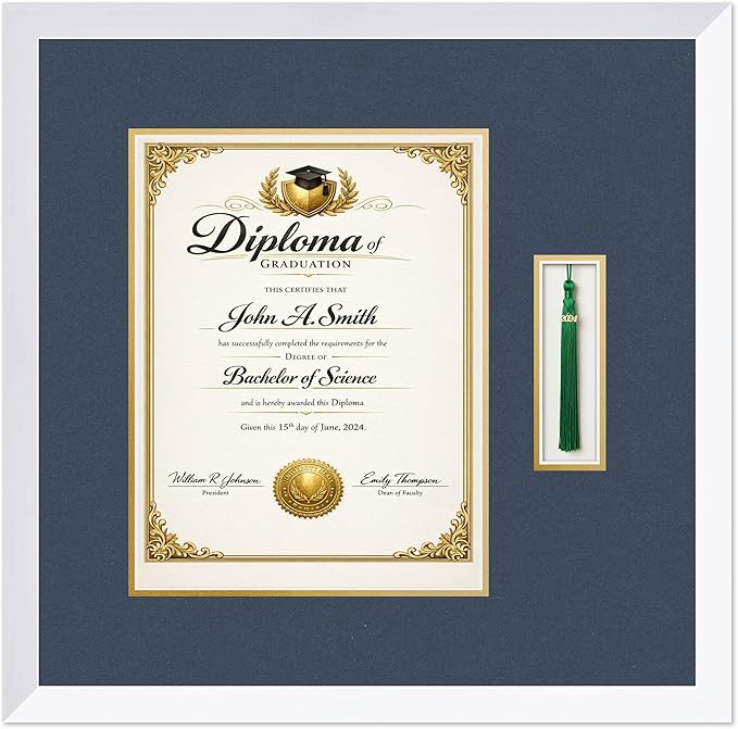 CountryArtHouse Diploma and Tassel Frame Fits 10 x 13 College Diploma (Portrait Traditional Bright White Genuine Hardwood Shadowbox with Navy Blue Over Metallic Gold Double mat