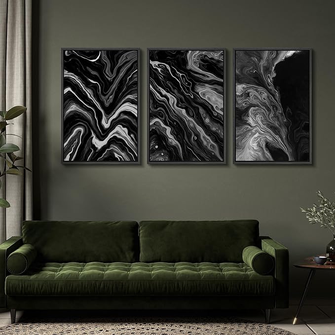 SIGNFORD Framed Wall Art Print Set Monochrome Swirl Abstract Contemporary Black and White Digital Art Modern Art Contemporary for Living Room, Bedroom, Office - 16"x24"x3 BLACK