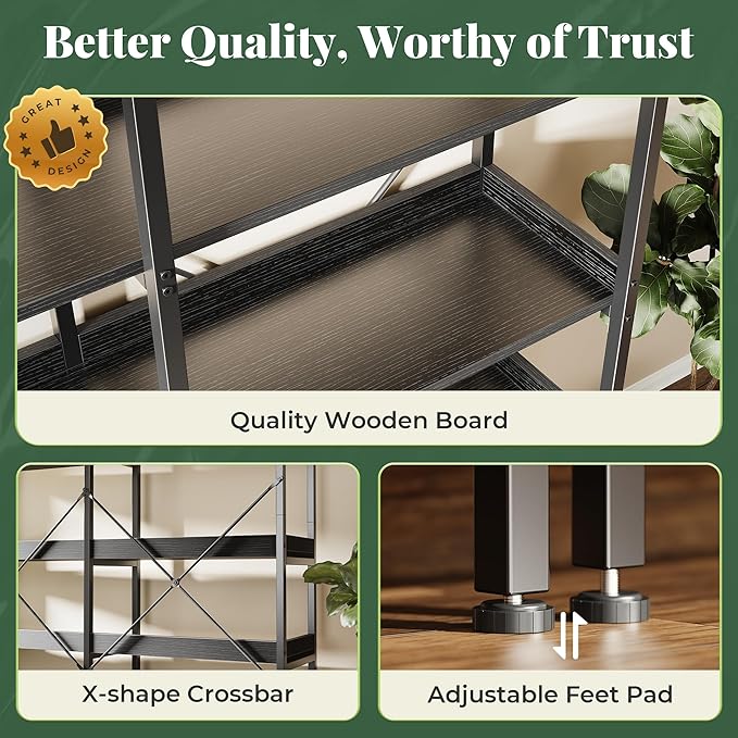 Huuger 6 Tier Bookshelf, Display Bookshelf with 12 Open Shelves and Raised Baffle, 47.2 Inch Straight Wide Bookcase with Metal Frame and Wooden Board, Adjustable Feet, Black
