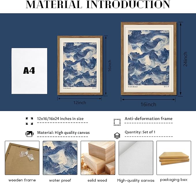 Framed Japanese Wall Art, Vintage Abstract Blue Waves Canvas Wall Decor Painting, Minimalist Japandi Oriental Ocean Aesthetic Prints Picture for Living Room Bathroom Bedroom 16x24 Inch