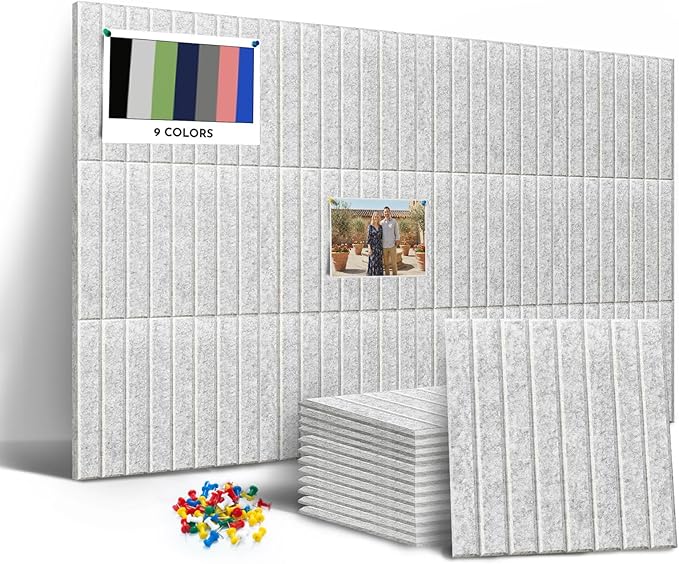 MISSDAY Green Acoustic Wall Panel Large Felt Bulletin Board 48" x 36" Cork Board for Wall, 12-Pack Boards with 72 Adhesive Tabs, 50 Pins, Pin Board for Home Office Classroom Soundproof Wall Tile