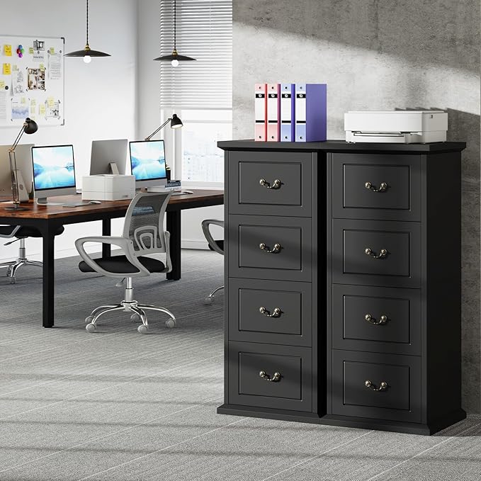 Tribesigns 4-Drawer File Filing Cabinet Set of 2, Vertical File Cabinet Hofice Wood Filing Cabinet for A4 /Letter Size Narrow Tall File Storage for Honhe Office, Black