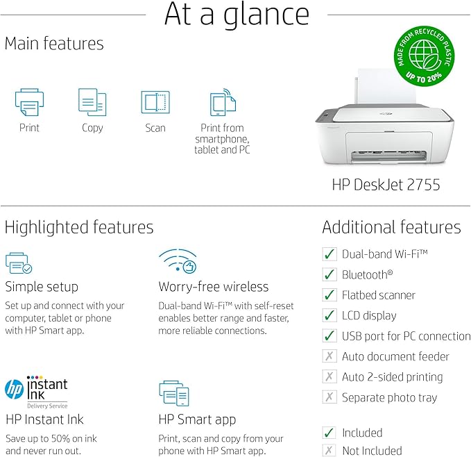 HP DeskJet 2755 All-in-One Wireless Printer Scanner Copier Instant Ink Ready Mobile Print Black 7.5ppm Color 5.5ppm Wifi Inkjet Computer Printers for Home Use and Office, Grey (Renewed)