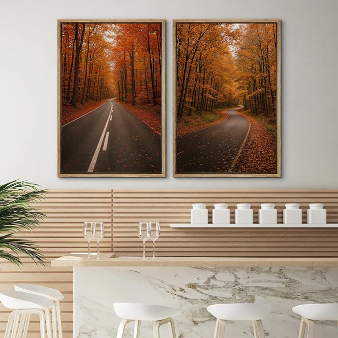 SIGNWIN Framed Canvas Print Wall Art Set Autumn Forest Road Nature Landscape Illustrations Modern Art Minimal Boho Relax/Calm for Living Room, Bedroom, Office - 16"x24"x2 Natural