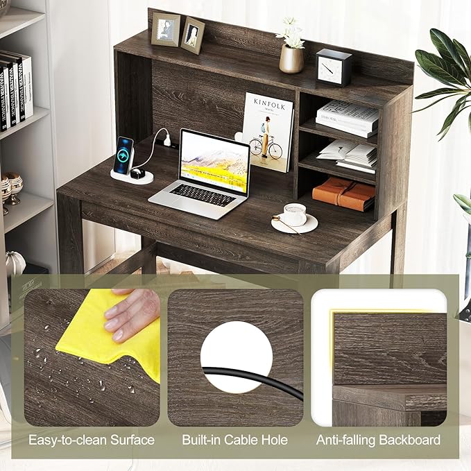 Giantex Computer Desk with Hutch, Modern Home Office Desk with Power Outlets, Storage Shelves & Cable Hole, Makeup Vanity Table, Study Writing Desk for Bedroom Office Small Space (Grey Oak)