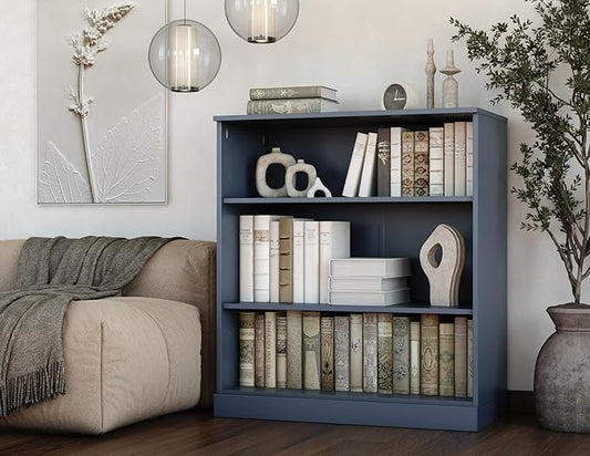 Palace Imports Solid Wood Bookcase - 3-Tier Bookshelf, 36" H x 32” W - Antique Blue, Modular Storage Display, Eco-Friendly Solid Wood, Made in Brazil