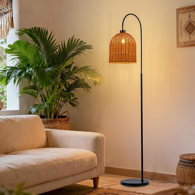 MAYNA Rattan Floor Lamp, 66 in. Bohemian Style Floor lamp with Natural Brown Rattan Shade, Rustic Curved Standing lamp for Coastal, Beach or Bohemian Decor (Coastal Black)