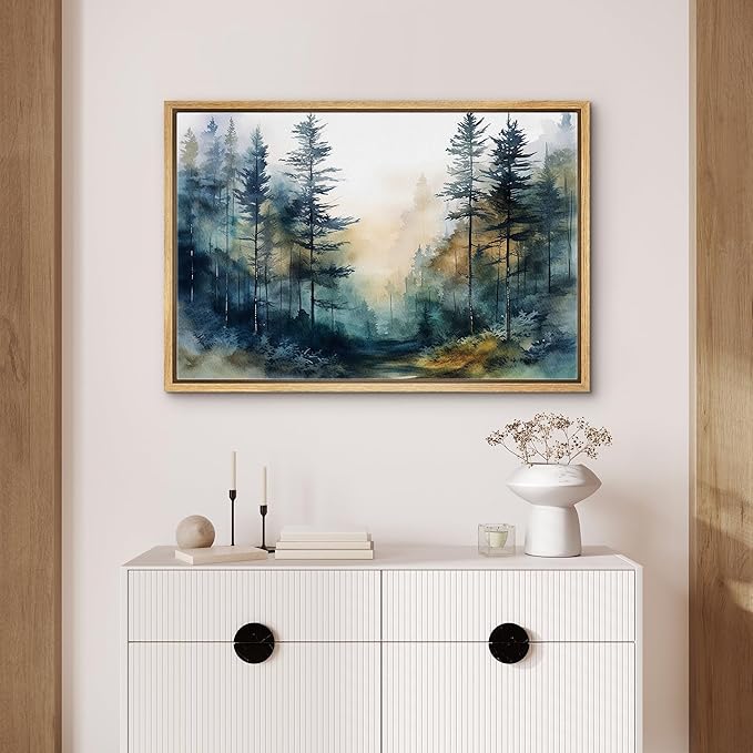 SIGNFORD Framed Canvas Print Wall Art Pine Tree Forest Nature Wilderness Realism Decorative Landscape Relax/Calm for Living Room, Bedroom, Office - 16"x24" Natural