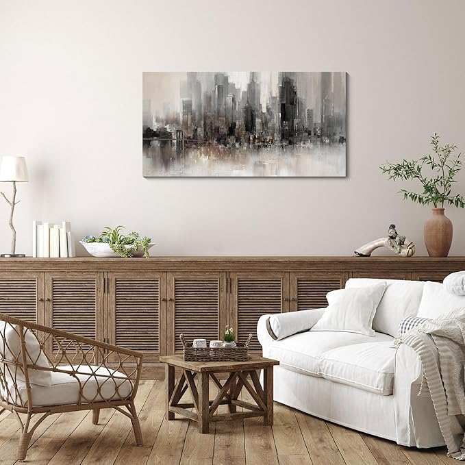 Nyc Skyline Painting Wall Art Grey Buildings Picture for Living Room Modern Home Bedroom Decoration Black and White and Brown Framed Artwork Decor 20X40