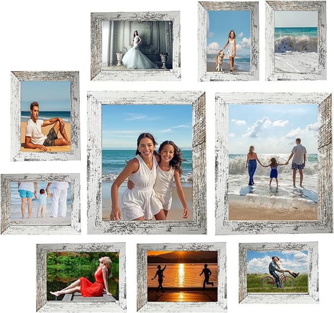 Pacome Collage Picture Frame with Two 11x14, Four 8x10, Four 5x7 Gallery Wall Frame Set, 10 Pack Farmhouse wood Photo Frames for living room Wall Gallery Decor or Desk,Rustic White