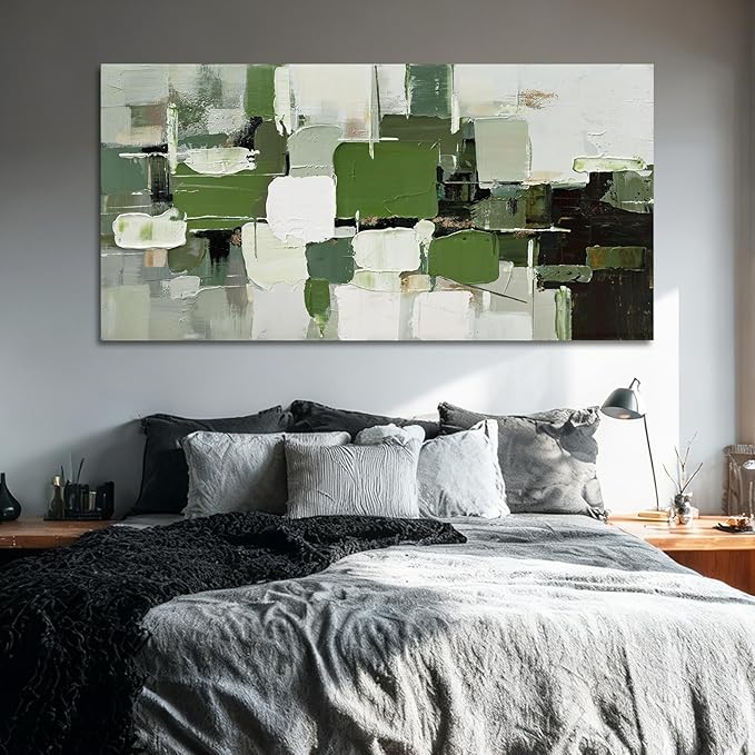 ZUNARE Contemporary Abstract Canvas Wall Art Geometric Block Print in Green White Black and Gray, Minimal Modern Artwork for Living Room Bedroom Office Kitchen 29"x58"