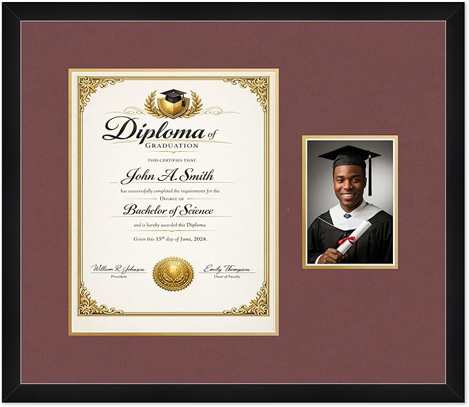 CountryArtHouse Fits 11 x 14 College Diploma (Portrait) and 5 x 7 Photo Diploma and Photo Frame Matte Black Genuine Hardwood with Dark Red Over Metallic Gold Double mat