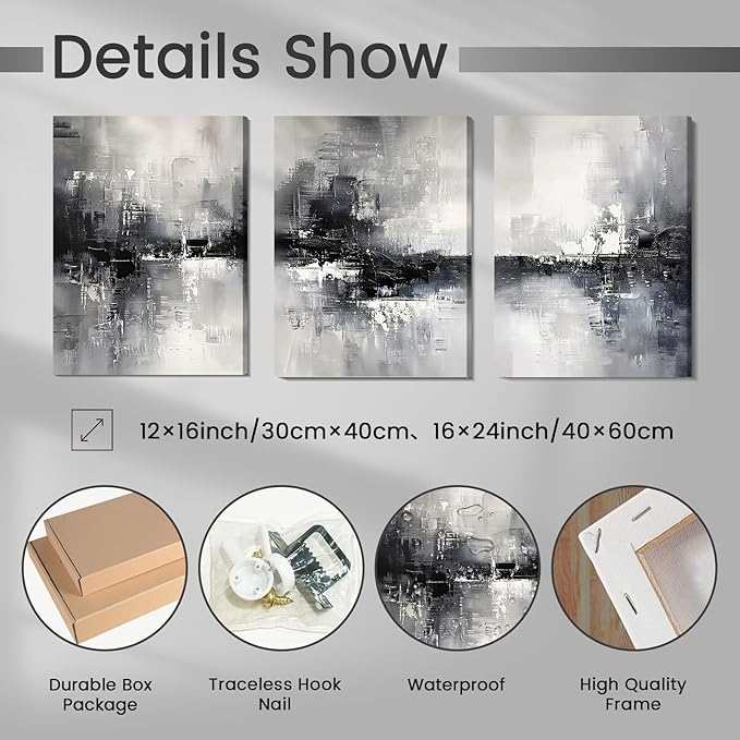 Dytila 3 Piece Large Black And White Abstract Canvas Wall Art for Living Room, Black And Grey Wall Decor, Modern Minimalist Art Print Pictures, Home Artwork - Dining Room Office Framed 16x24 Inch