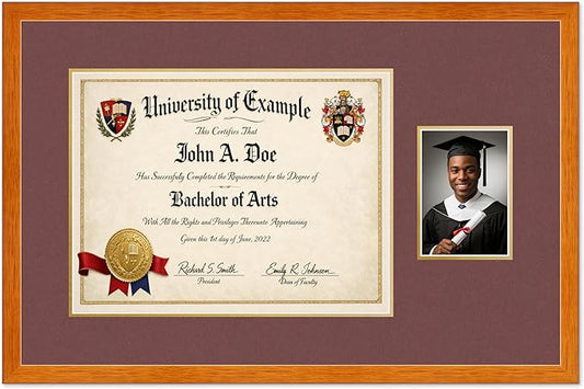 CountryArtHouse Fits 17 x 13 International Diploma and 5 x 7 Photo Diploma and Photo Frame Honey Oak Genuine Hardwood with Dark Red Over Metallic Gold Double mat