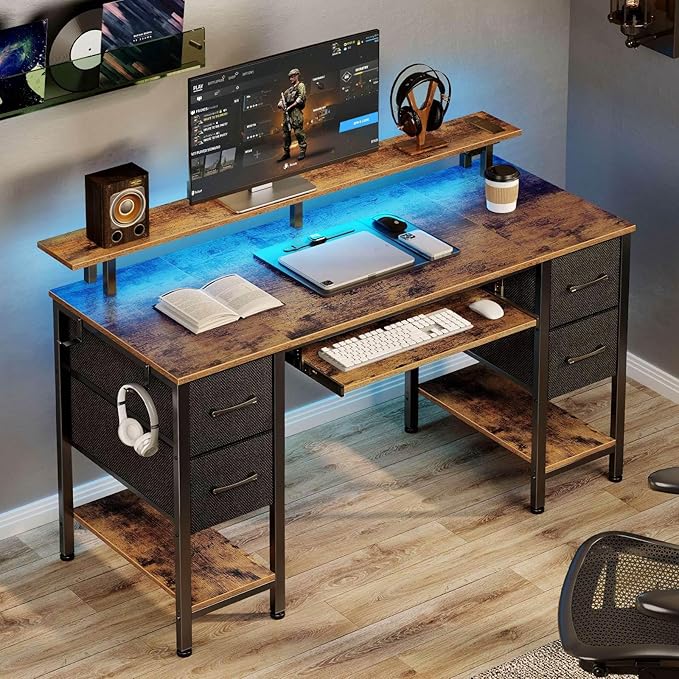 Seventable Computer Desk 55.1" with LED Lights & Power Outlets, Home Office Desk with 4 Drawers, Writing Desk with Keyboard Tray, Study Table with Monitor Stand, Work Table for Office, Rustic Brown