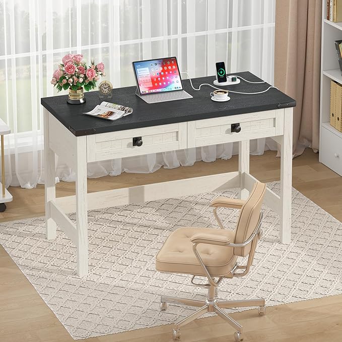 Farmhouse Computer Desk with 2 Drawers, 39 Inch Small Office Computer Desk with Power Outlets, Compact Writing Study Vanity Desk for Small Spaces, Black and White