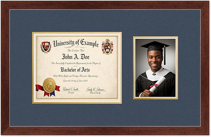 CountryArtHouse Fits 10 x 8 Professional License and 5 x 7 Photo Diploma and Photo Frame Rustic Walnut Genuine Hardwood with Navy Blue Over Metallic Gold Double mat