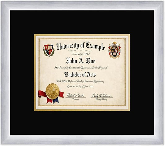 CountryArtHouse Diploma Frame Fits 10 x 8 Professional License - Keepsake Graduation Display Stainless Silver Genuine Hardwood with Black Over Metallic Gold Double mat