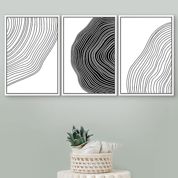 SIGNFORD Framed Canvas Print Wall Art Set Black White Spiral Ring Polygons Abstract Shapes Illustrations Modern Art Bohemian Nordic Relax/Calm for Living Room, Bedroom, Office - 24"x36"x3 White