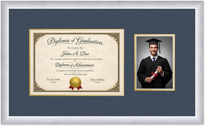 Diploma Frame With Photo Opening Stainless Silver Navy Blue Over Gold Mat - Fits 11.69 x 8.27 Degree and Picture Made in the USA