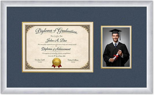 Diploma Frame With Photo Opening Stainless Silver Navy Blue Over Gold Mat - Fits 11.69 x 8.27 Degree and Picture Made in the USA
