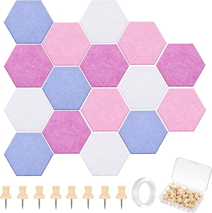 16 Pcs Hexagon Cork Board for Walls with 50 Wooden Push Pins 6.7 x 5.9 in Felt DIY Tiles Notice with Nano Tape Hanging Bulletin Board for Home Photo Office Memo Note (Pink)