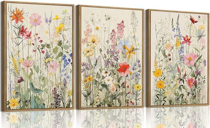 KISSFOX 3 Piece Watercolor Wildflower Botanical Framed Wall Art Colorful Floral Canvas Art Prints Boho Flower Pictures Wall Decor Modern Minimalism Paintings Artwork Girls Bedroom Living Room Bathroom