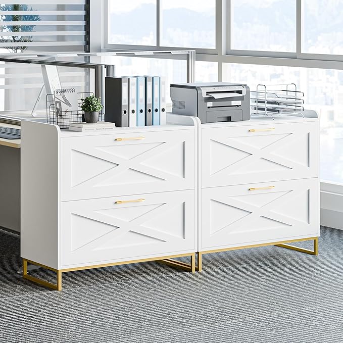 2 Drawer Lateral File Cabinet, Filing Cabinet with Charging Station for Letter/Legal/A4 Size Hanging Files, Modern Farmhouse File Storage Cabinet for Home Office, Printer Stand with Storage, White