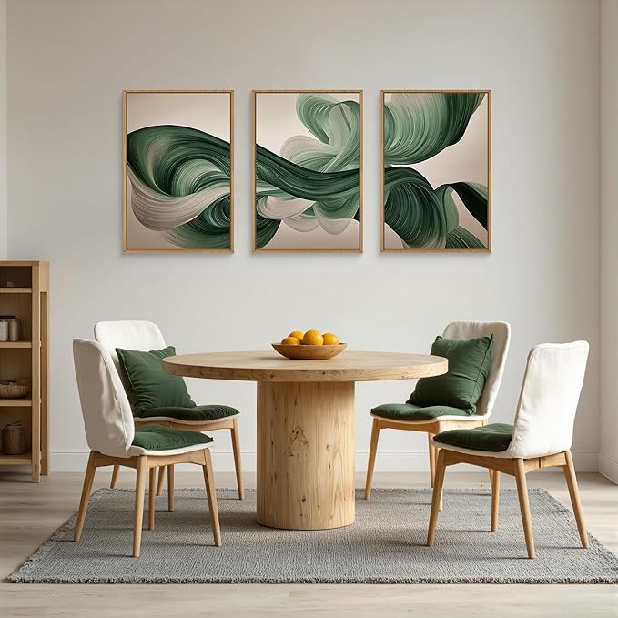 KAIRNE Green Abstract Wall Art Set of 3, Minimalist Green Lines Wall Decor, Modern Flowing Texture Painting for Living Room, Bedroom, Office, Framed Easy to Hang 24x36 Inches