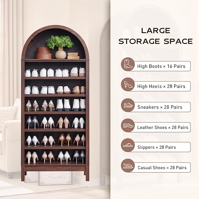 71" Tall Arched Bookshelf, 7 Tiers Arch Bookcase with Storage, Modern Farmhouse Book Shelf with Adjustable Shelves, Wood Bookshelf w/Open Display Shelves for Living Room, Office (Brown)